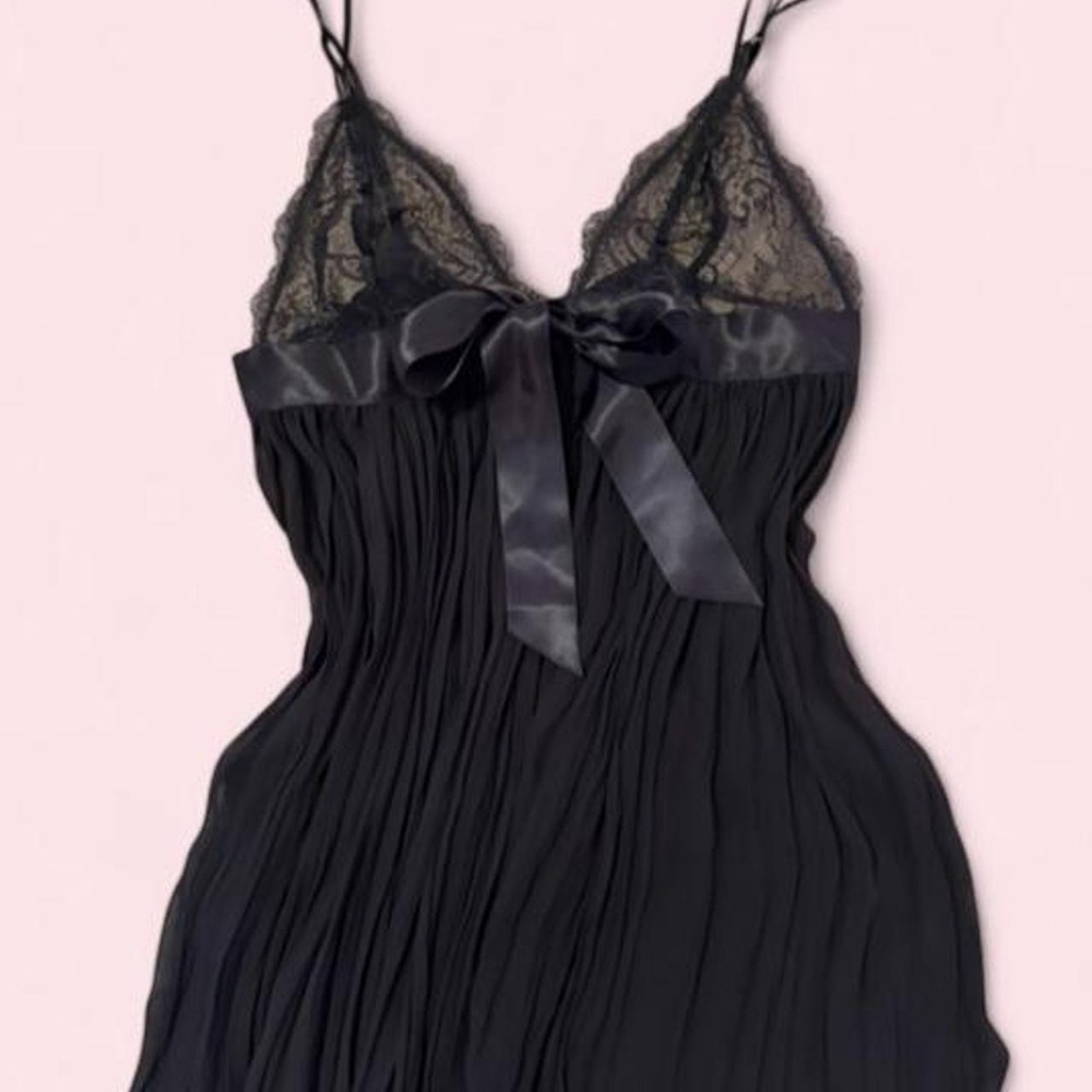 Victorias Secret Pleated Lace Slip Top Black Satin Bow Babydoll Lingerie M